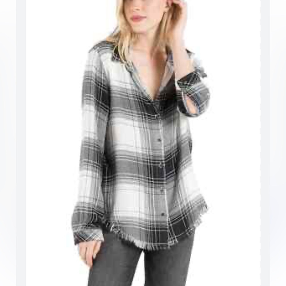 Bella Dahl Charcoal and White Checkered Shirt fringe hem